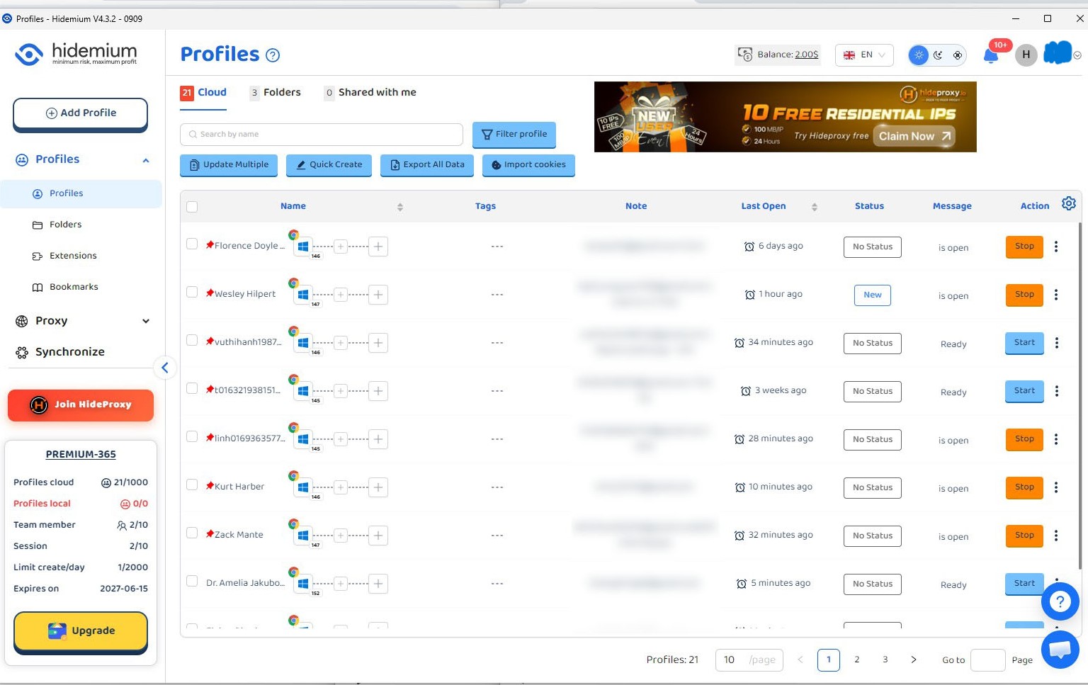 Интерфейс Hidemium управляет 21 облачным профилем и 3 папками.